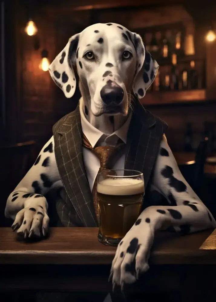 A dalmatian dog in a dark gray pinstripe vest and brown tie sitting at a bar with beer in this dog pub canvas wall art