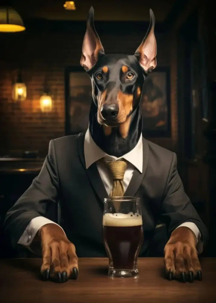 Doberman pinscher in dark gray suit with gold tie at bar next to beer on wood surface dog pub canvas wall art