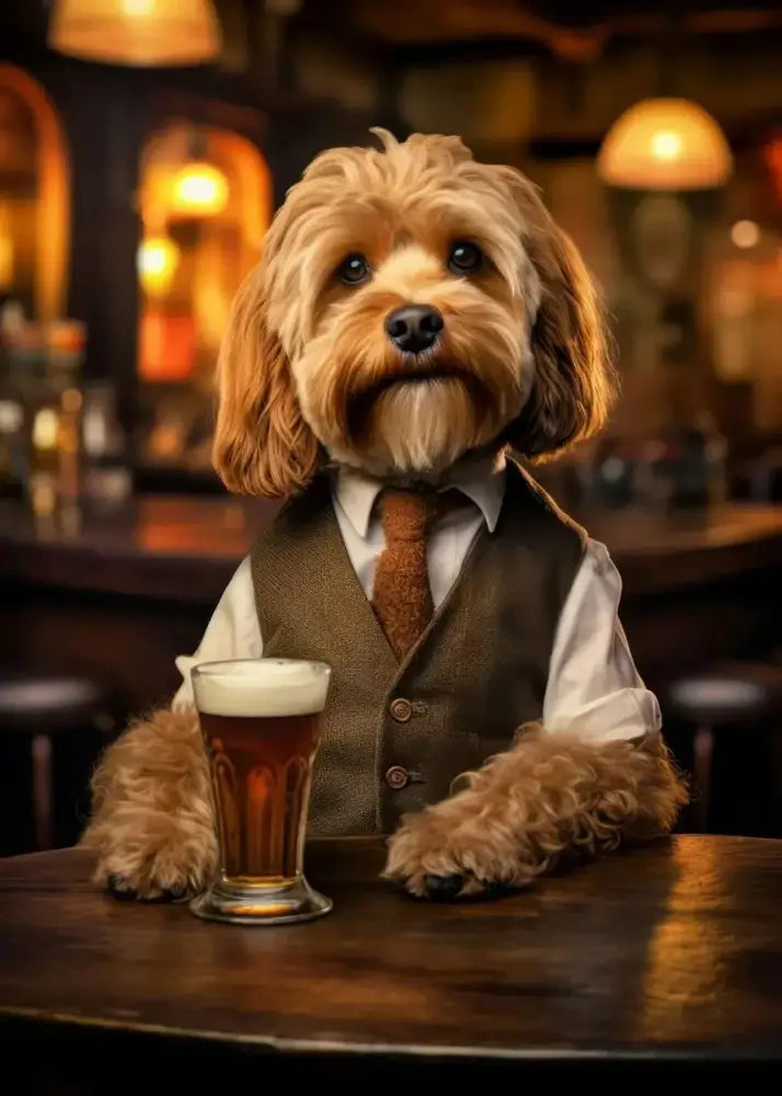 Decorbites™ dog pub canvas print featuring a fluffy light brown dog in formal attire at a bar table with amber beer wall art