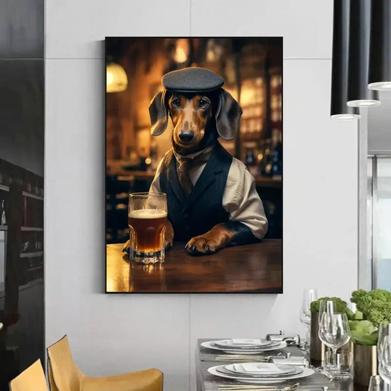 A framed decorbites™ dog pub canvas print featuring a dachshund in a flat cap at a wooden bar with amber beer, wall art