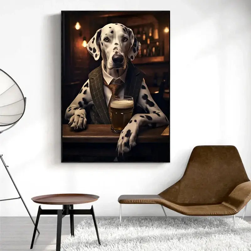 Framed decorbites™ dog pub canvas print wall art featuring a dalmatian in suit seated at bar with beer glass