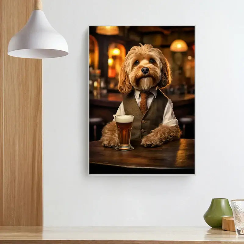A framed DecorBites™ dog pub canvas print featuring a fluffy light brown dog in formal vest wall art