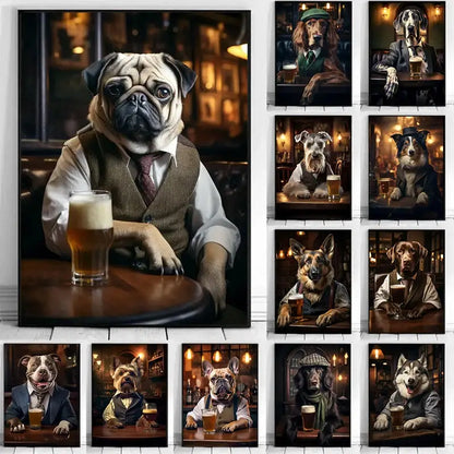 A framed DecorBites™ dog pub canvas print of a pug in a beige vest holding a beer glass for wall art decoration