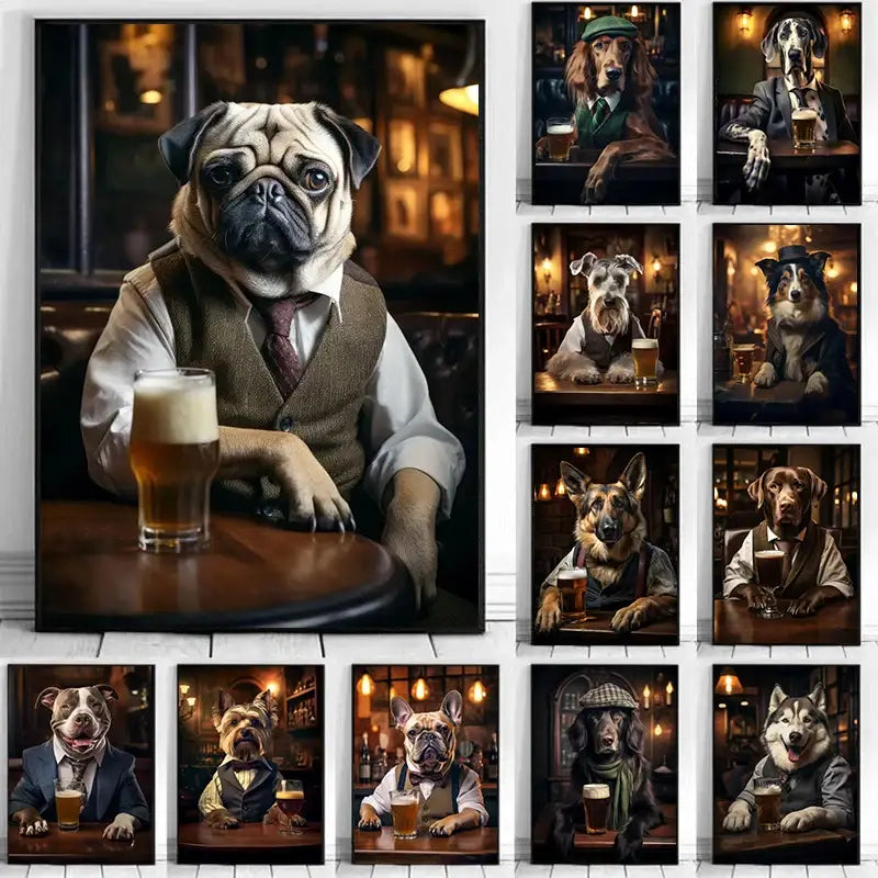 A framed DecorBites™ dog pub canvas print of a pug in a beige vest holding a beer glass for wall art decoration