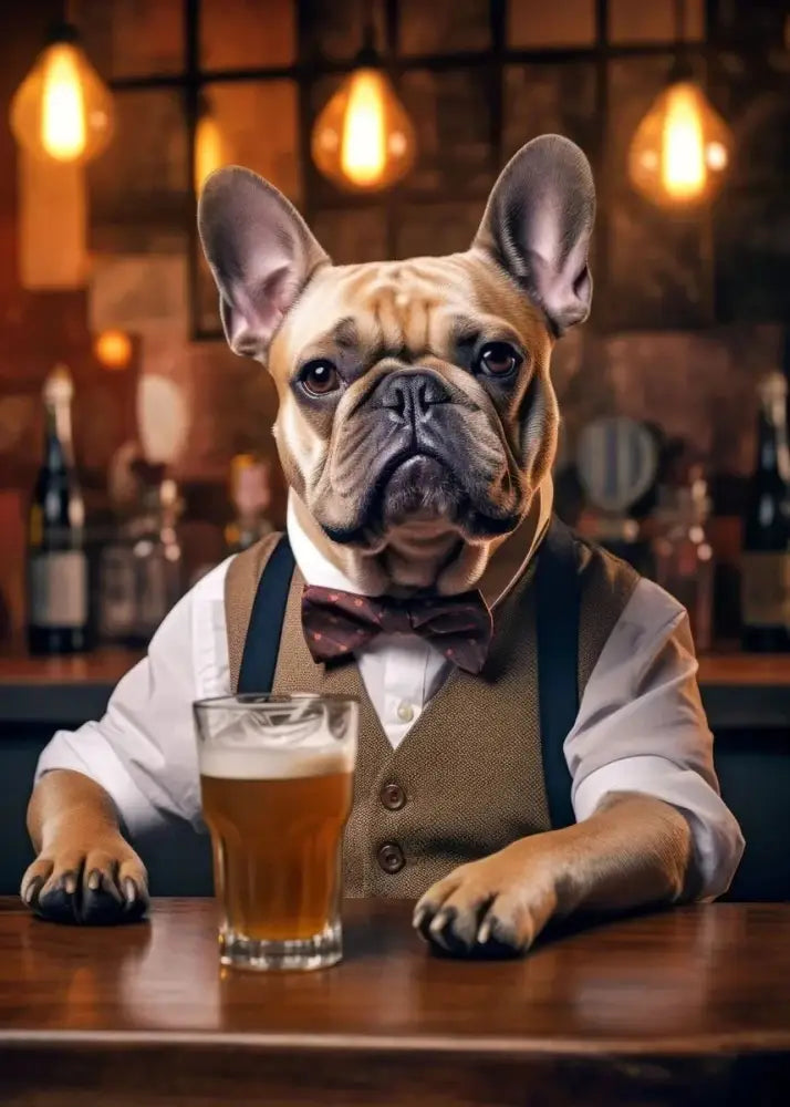 DecorBites™ dog pub canvas wall art featuring a french bulldog in a vest and bow tie holding a beer glass at a bar