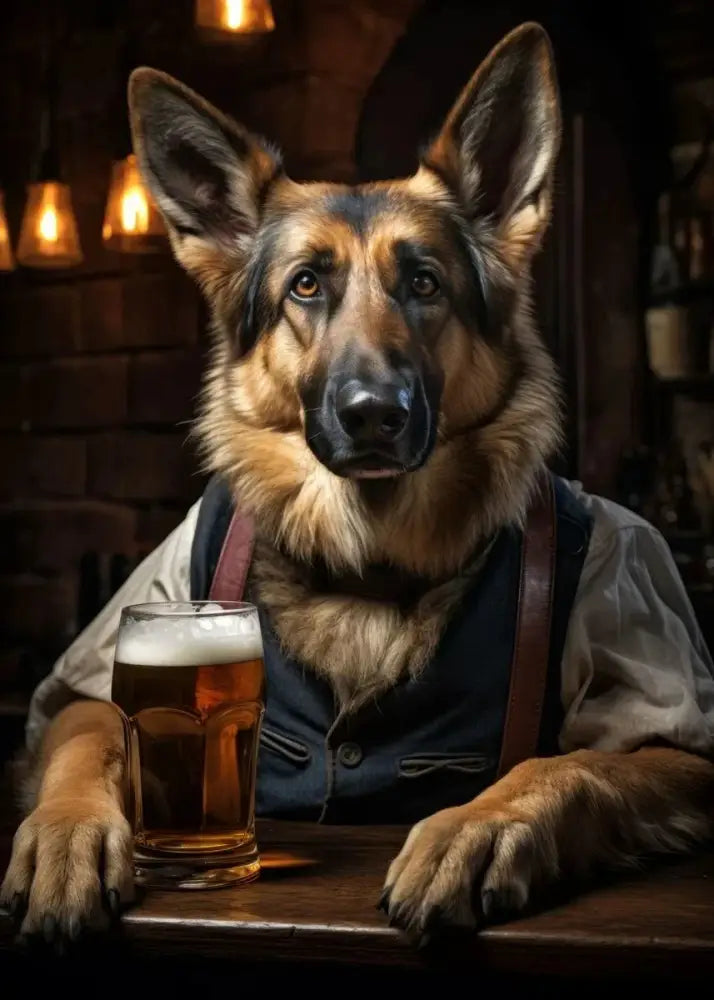 Decorbites™ dog pub canvas wall art featuring a german shepherd with tan black coat wearing brown leather suspenders