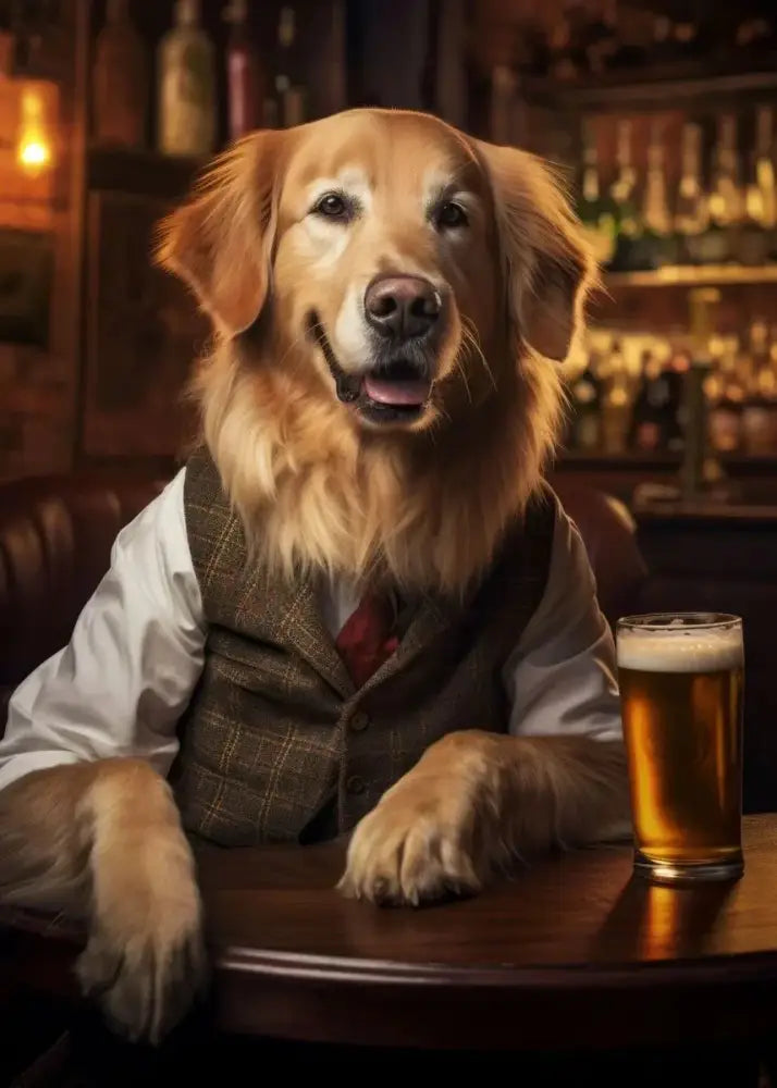 Golden retriever in tweed vest sitting at bar with beer in decorbites™ dog pub canvas wall art print