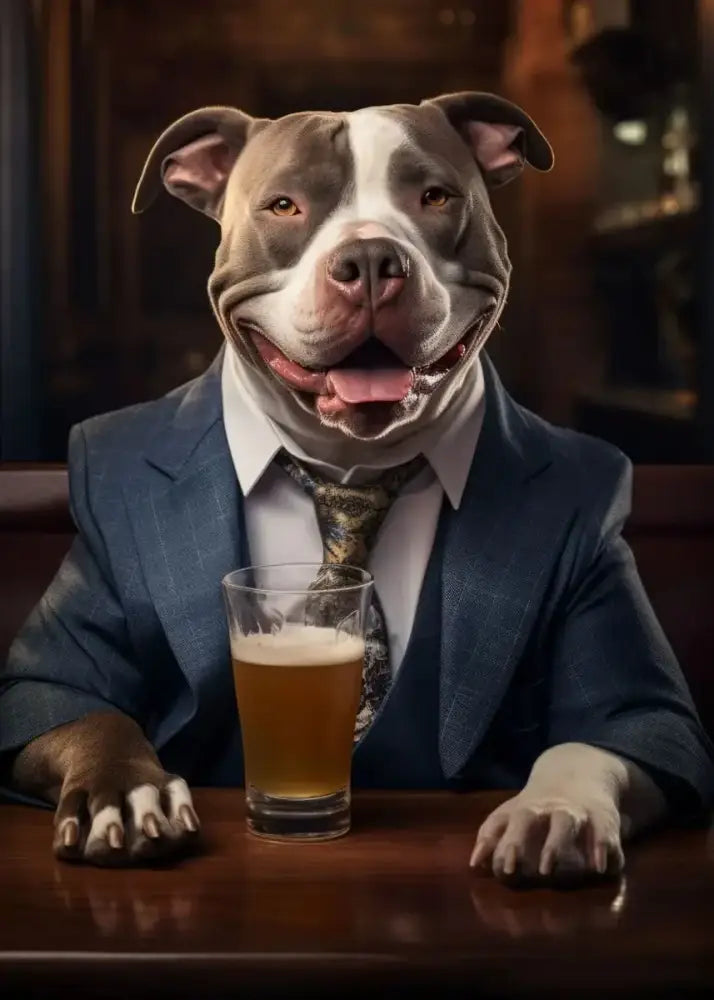DecorBites™ dog pub canvas print featuring a gray and white pit bull in a navy suit at a bar wall art