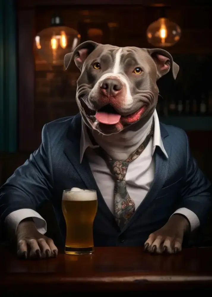 Decorbites™ dog pub canvas print of a gray and white pit bull in a navy suit holding amber beer for wall art