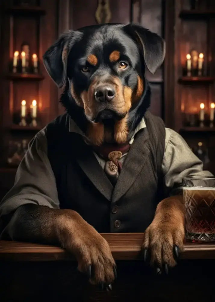 Rottweiler wearing a dark brown vest and gray shirt sits at a bar on decorbites dog pub canvas wall art print