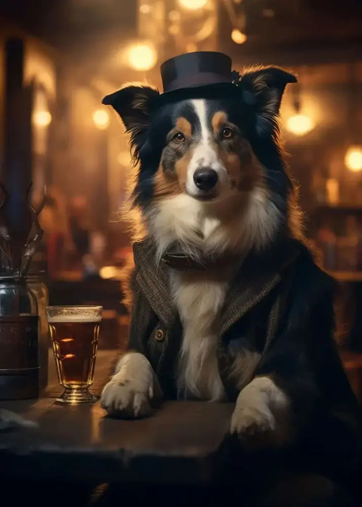 A tri-color border collie in black top hat and tweed coat featured in decorbites™ dog pub canvas wall art print