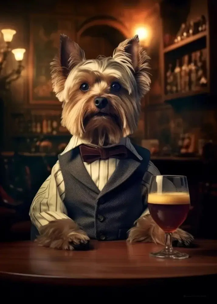 A yorkshire terrier in formal vest and bow tie holds a glass of dark beer in dog pub canvas wall art by decorbites