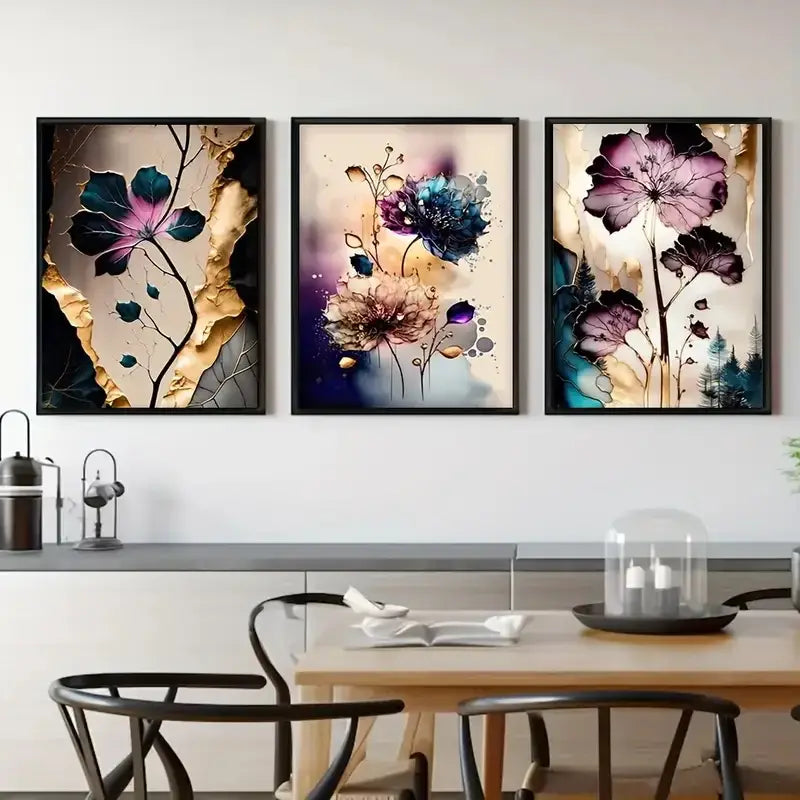Three framed dreamy flowers canvas posters with purple blue and gold accents above a dining table