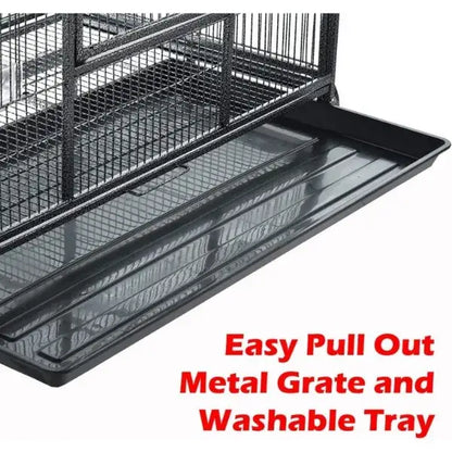 Black metal grate and washable tray in the decorbites dual breeding flight cage for parrots flight cage use