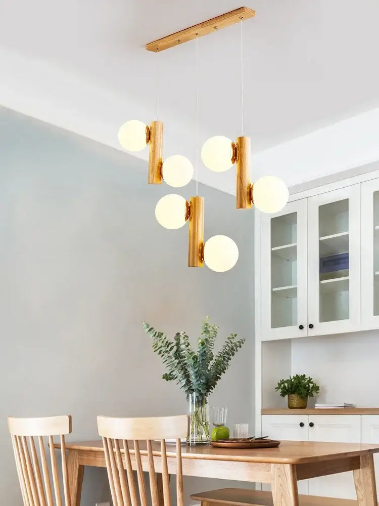 Modern gold bamboo e27 pendant lamp with spherical glass bulbs and wooden ceiling mount for dining room lighting