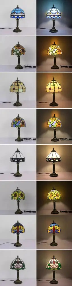Stained glass e27 retro baroque led table lamp with blues greens yellows purples in dark bronze base for bedroom cafe decor