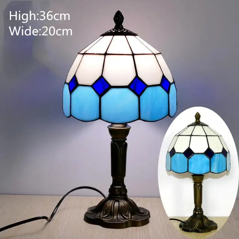 Decorbites e27 retro baroque led table lamp with blue and white stained glass and dark bronze base for bedroom decor
