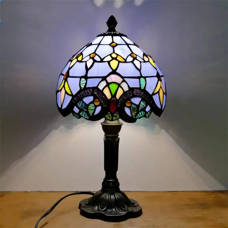 Decorbites e27 retro baroque led table lamp with stained glass floral butterfly shade and dark bronze base for bedroom decor