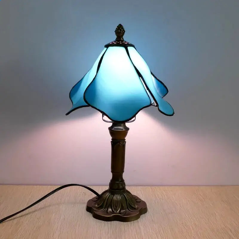Decorbites e27 retro baroque led table lamp with translucent blue stained glass shade and ornate bronze base