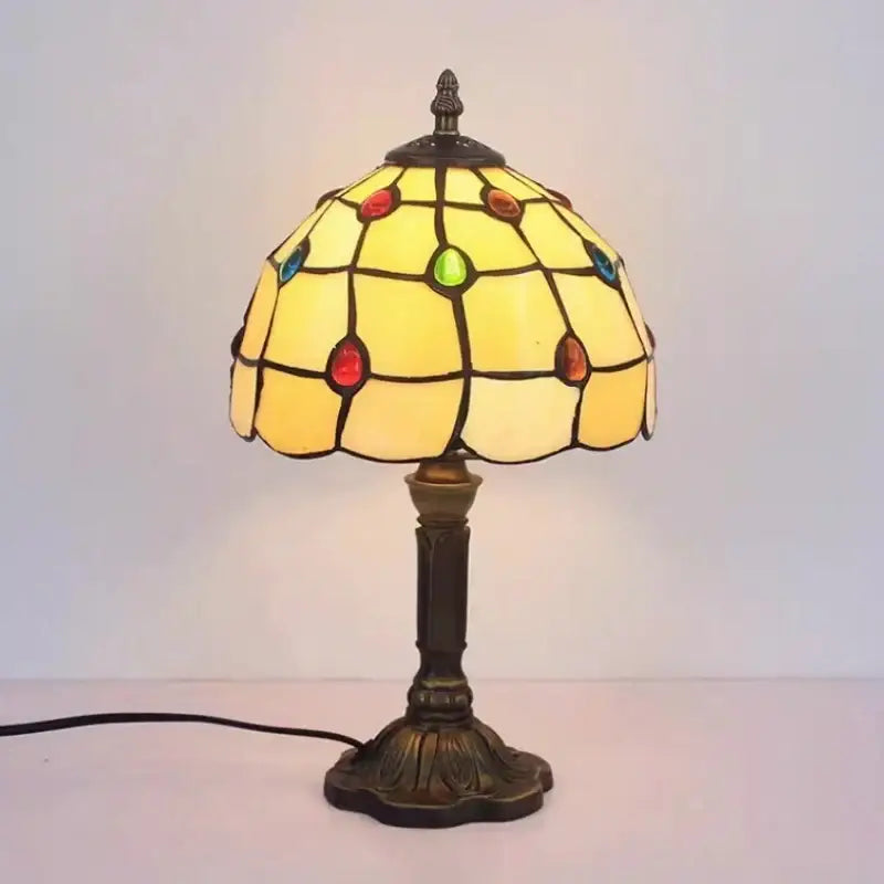 Yellow stained glass e27 retro baroque led table lamp with colorful gemstone accents and dark bronze base for decor