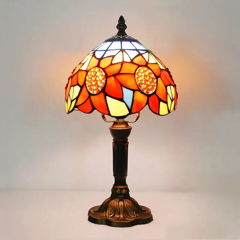 Decorbites e27 retro baroque led table lamp with vibrant orange yellow stained glass floral design and dark bronze base