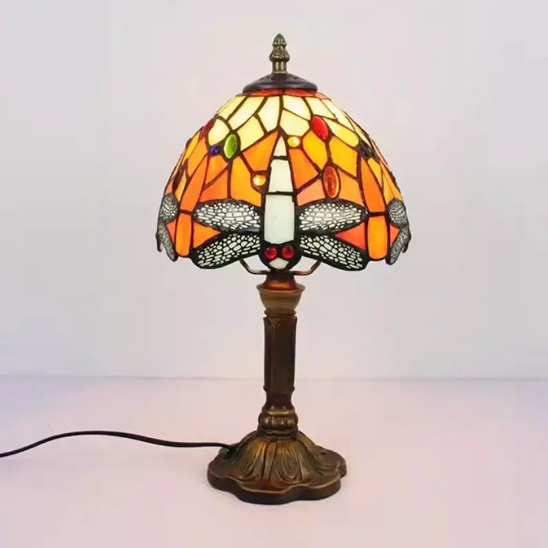 Decorbites e27 retro baroque led stained glass dragonfly table lamp in orange and yellow with bronze base for reading