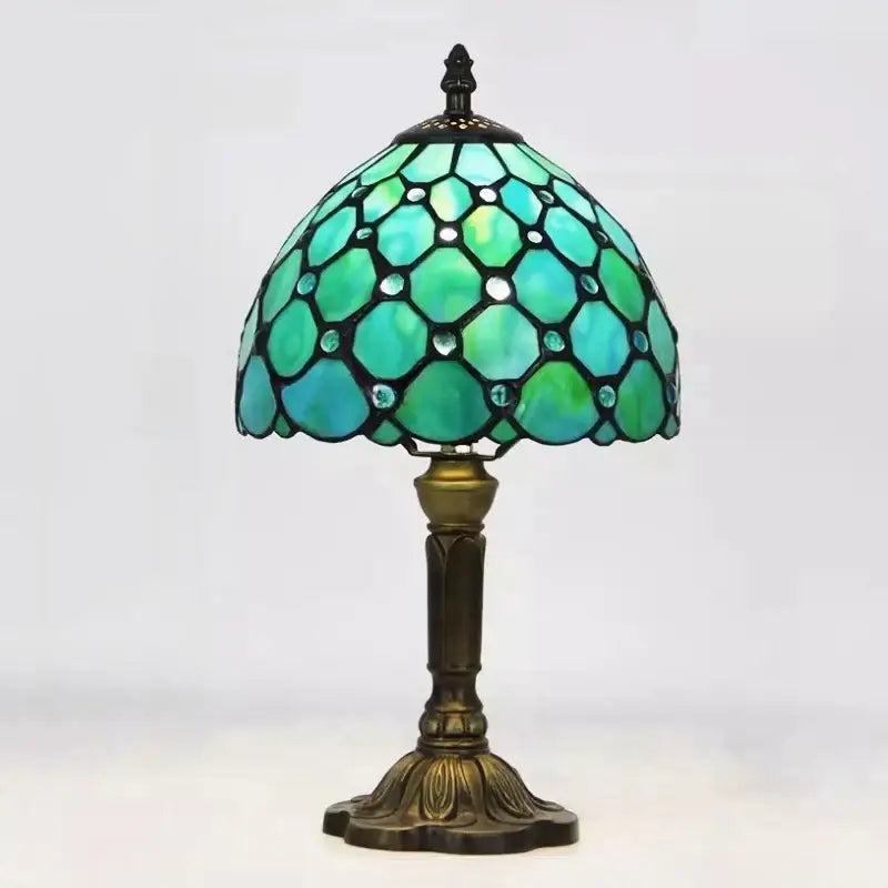 DecorBites e27 retro baroque led table lamp with teal green stained glass mosaic shade and clear crystal accents