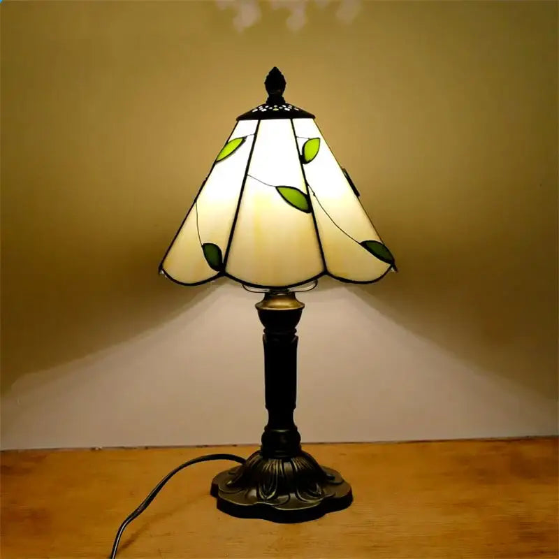 Decorbites e27 retro baroque led table lamp with green leaf stained glass shade and dark bronze base for bedroom decor