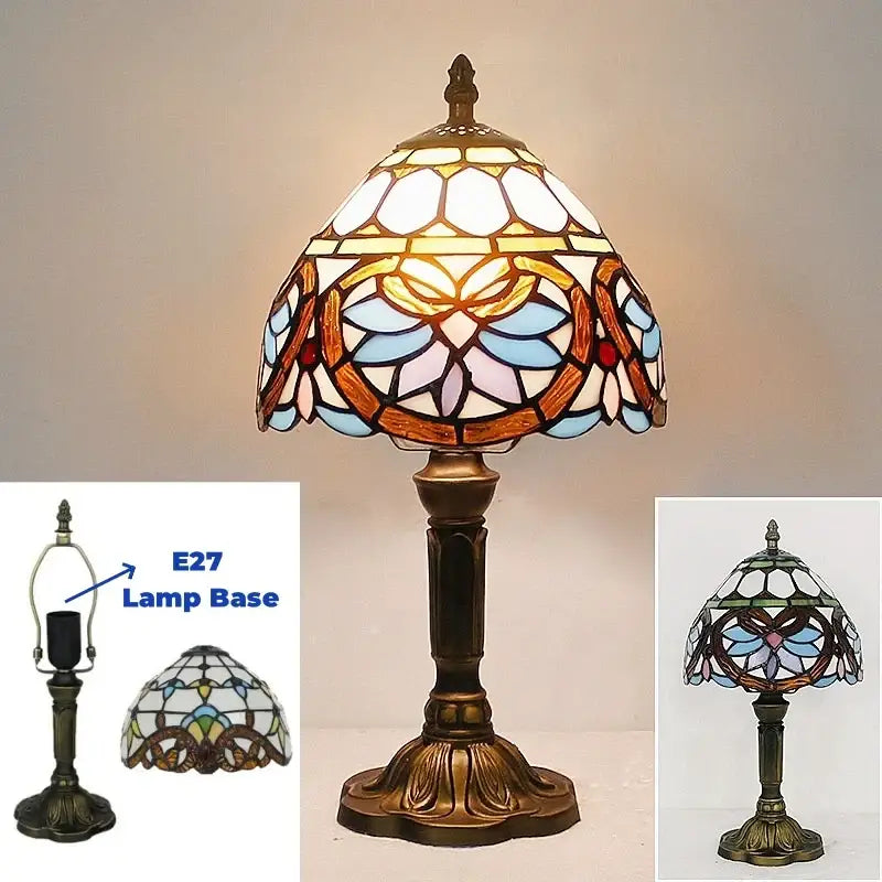 Stained glass table lamp with floral design in blue white and amber on ornate bronze base e27 retro baroque led table lamp
