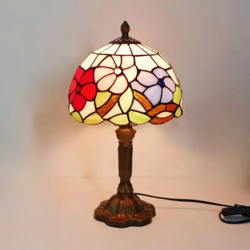 Decorbites e27 retro baroque led table lamp with stained glass floral shade and ornate bronze base for bedroom decor