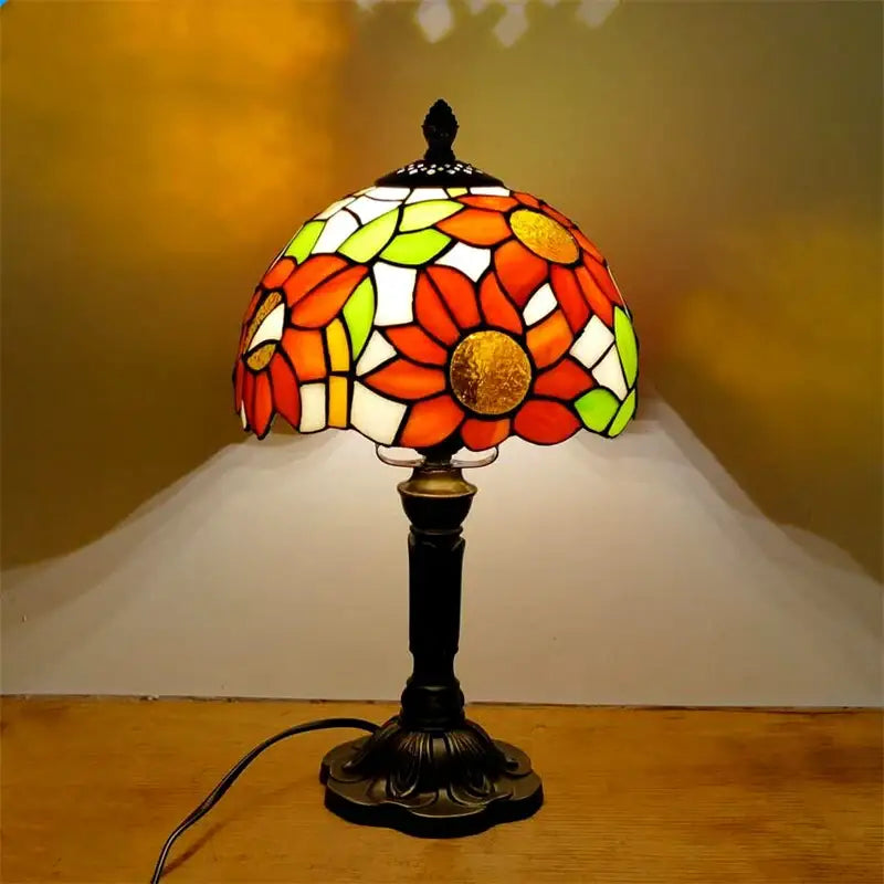 Decorbites e27 retro baroque led table lamp with vibrant sunflower stained glass in orange green and gold on bronze base
