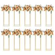 DecorBites™ elegant 10-piece gold metal wedding flower stand with lush peach and cream rose arrangements and greenery
