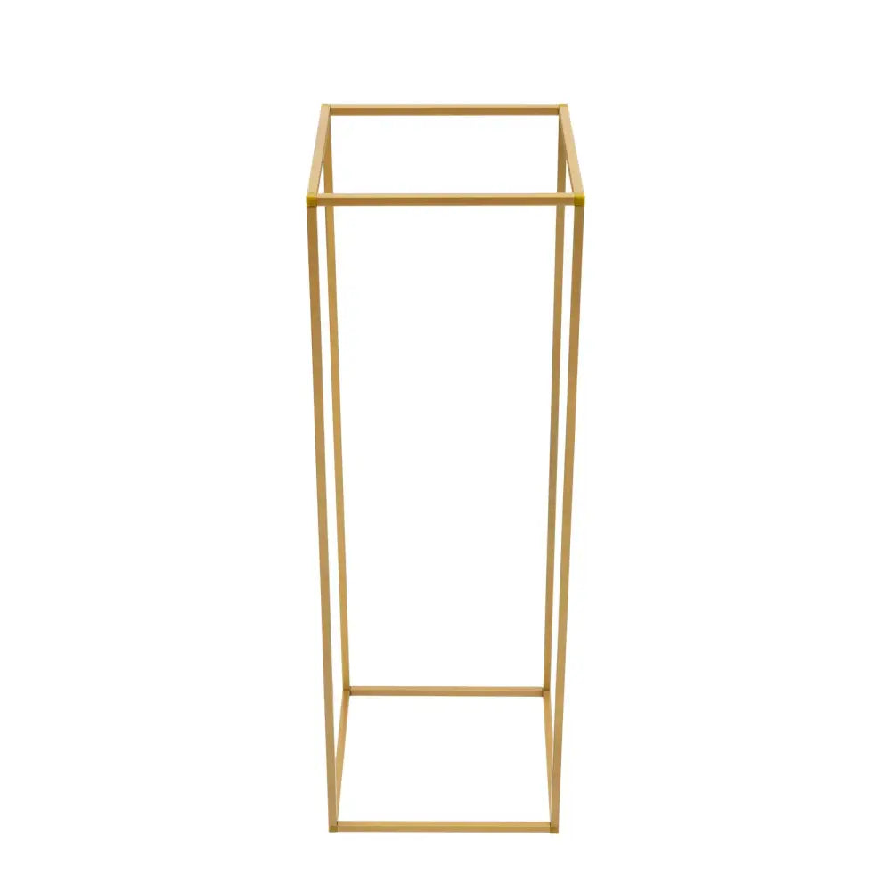 Gold-toned metal flower stand with minimalist rectangular frame design for elegant wedding flower display by DecorBites