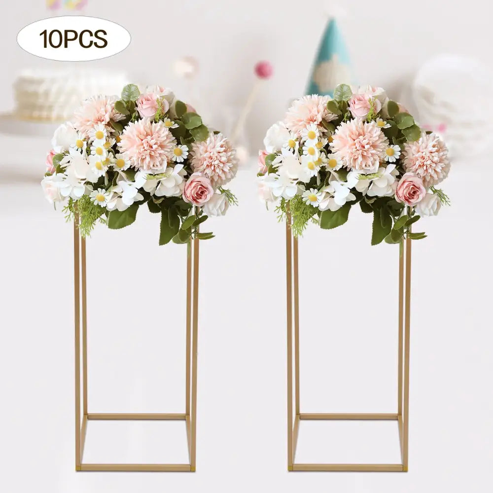DecorBites elegant gold metal flower stands with artificial pink and white flowers for wedding flower stand decor