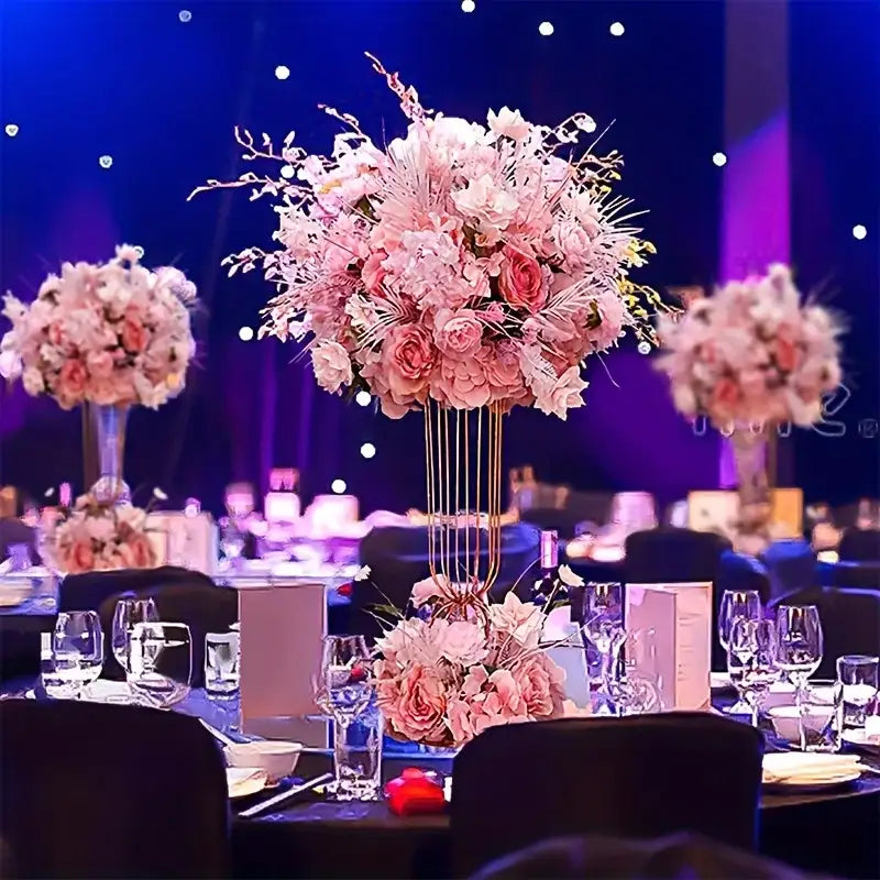 Elegant pink floral centerpiece in a 23.6in tall gold wireframe vase from decorbites high vases collection