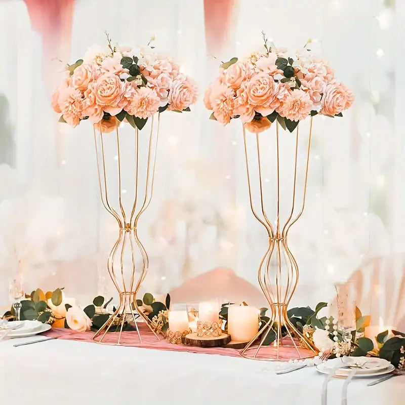 DecorBites™ elegant 23.6in tall gold-toned metal high vases with peach rose and greenery arrangements