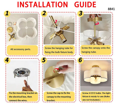 DecorBites™ elegant 4-light gold ceiling light fixture with four white translucent petal-shaped shades in a flower pattern