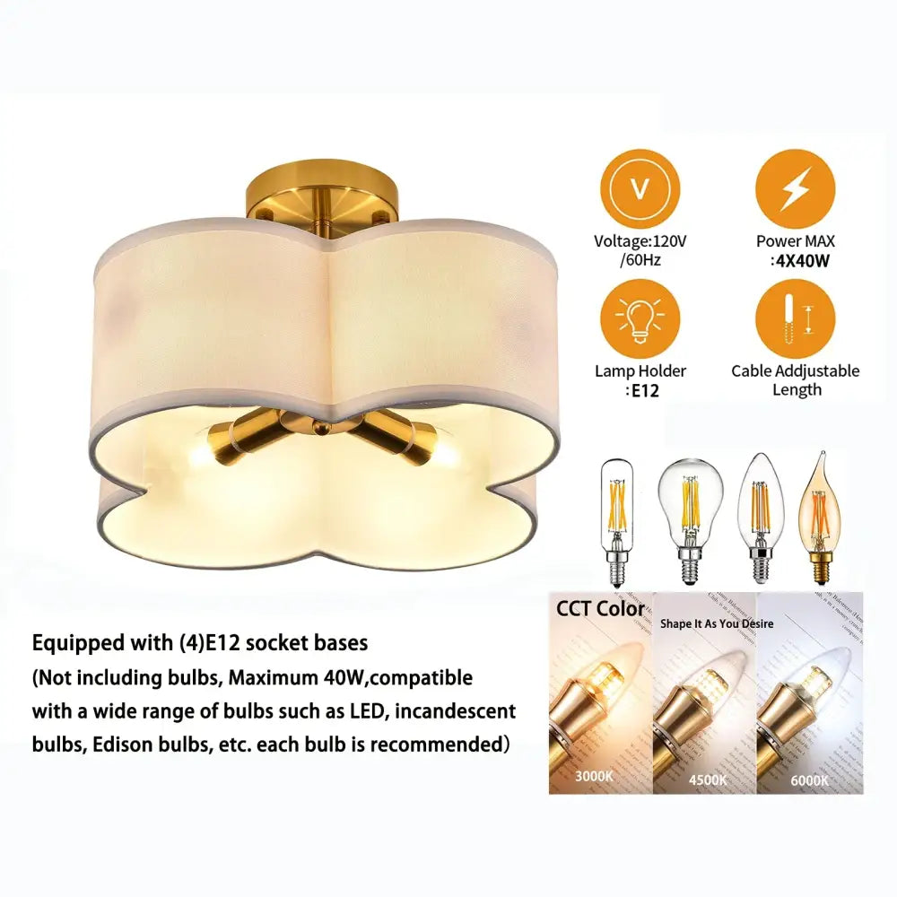 Decorbites™ elegant 4-light gold ceiling fixture featuring a gold ceiling light with cream fabric petal-shaped shades