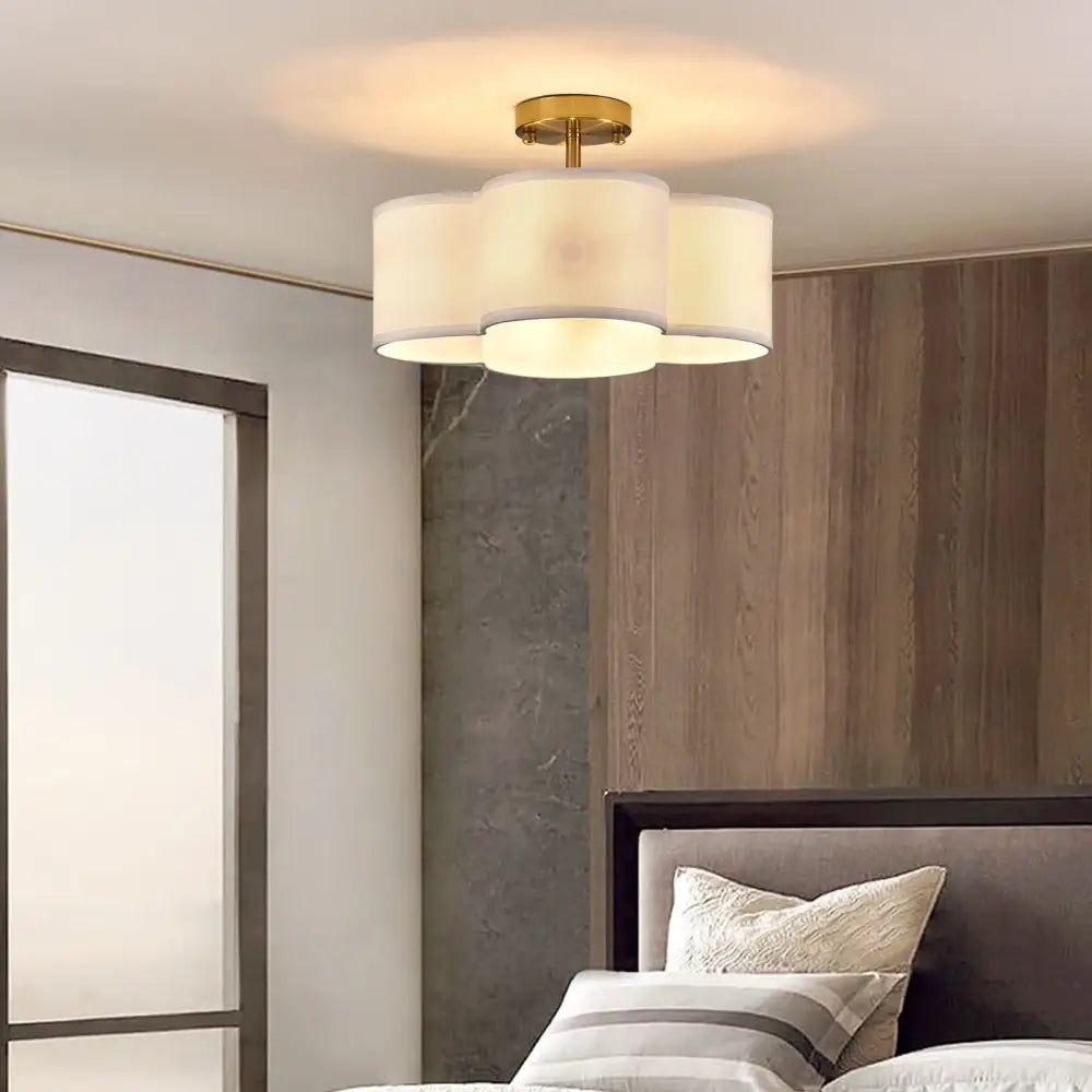 DecorBites™ elegant 4-light gold ceiling fixture with three soft off-white cylindrical shades modern ceiling light