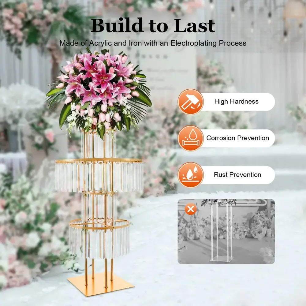 Decorbites™ elegant 5-tier gold wedding flower stand made of acrylic and iron with crystal droplets flower stand