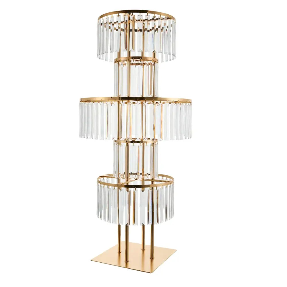 Decorbites™ elegant 5-tier gold wedding flower stand with a gold metal frame and cascading clear crystal prisms flower stand