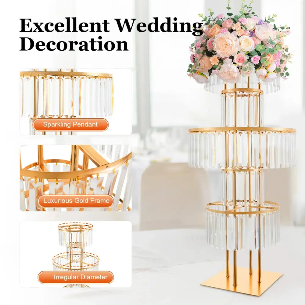 Decorbites™ elegant 5-tier gold wedding flower stand with clear crystal strands and floral arrangement on top