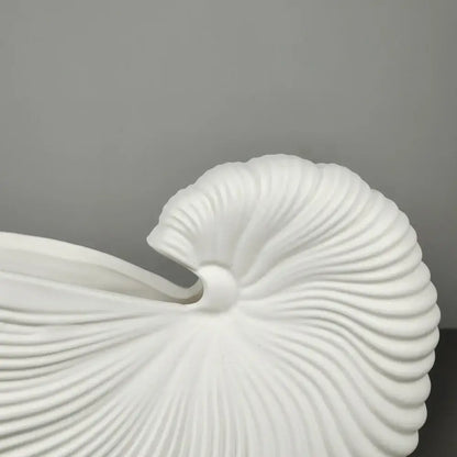 Decorbites elegant ceramic vase featuring a smooth white shell conch design with spiral ridges for stylish decor