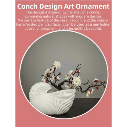 Decorbites™ elegant ceramic vase with white shell conch design featuring rough ridged exterior and frosted interior