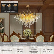 Gold-toned DecorBites elegant crystal chandelier with cascading pendants and aluminum frame for living room lamp package