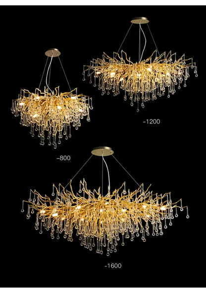 Golden branch-like crystal chandelier with dangling droplets and warm led lights for living room lamp package decorbites