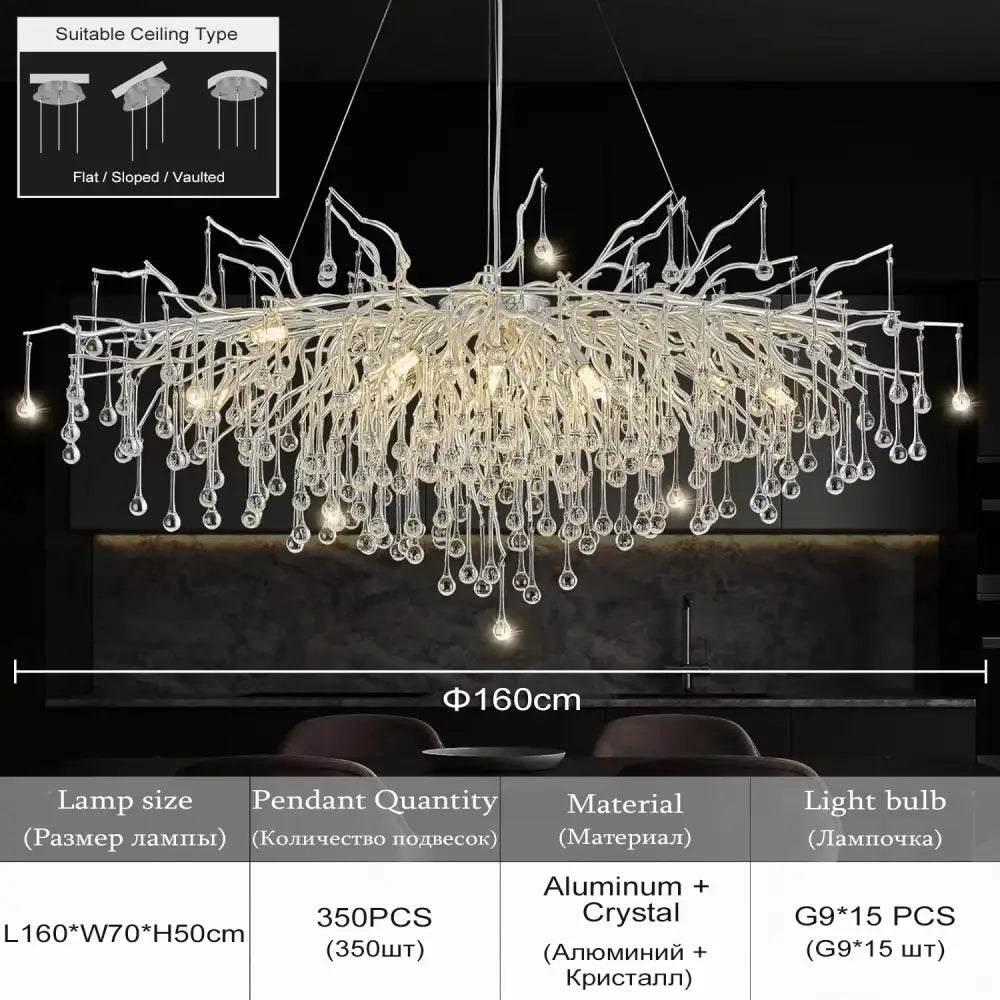 DecorBites™ elegant chrome crystal chandelier with clear droplets and aluminum frame for living room lamp package