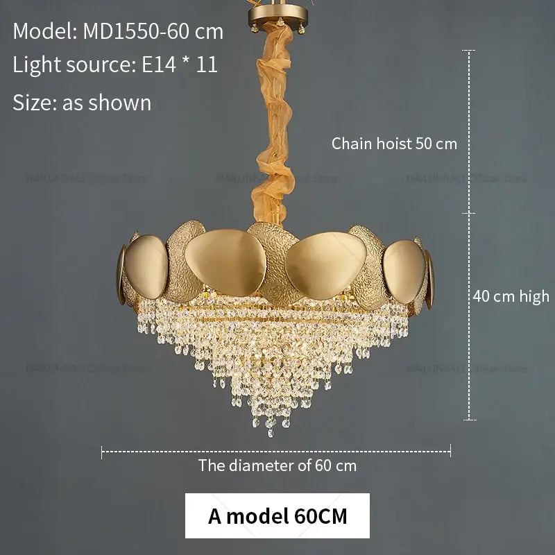 Gold-toned decorbites elegant crystal chandelier with textured shell-like tiered design and cascading crystal droplets for living room lighting
