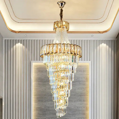 Decorbites elegant crystal multi-tiered chandelier with gold metal and clear glass prisms for living room staircase