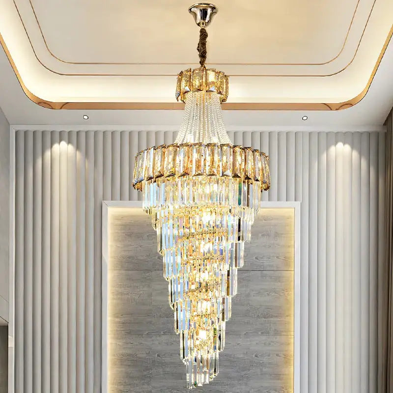 Decorbites elegant crystal multi-tiered chandelier with gold metal and clear glass prisms for living room staircase